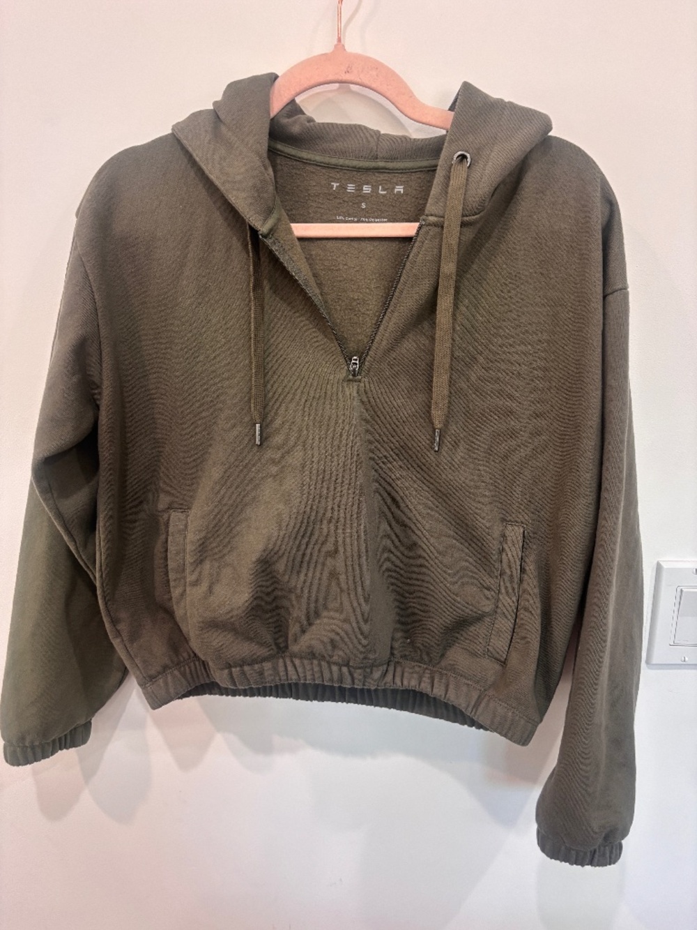 Tesla Women’s Chill Half Zip Cropped Hoodie Olive Green Fleece Small